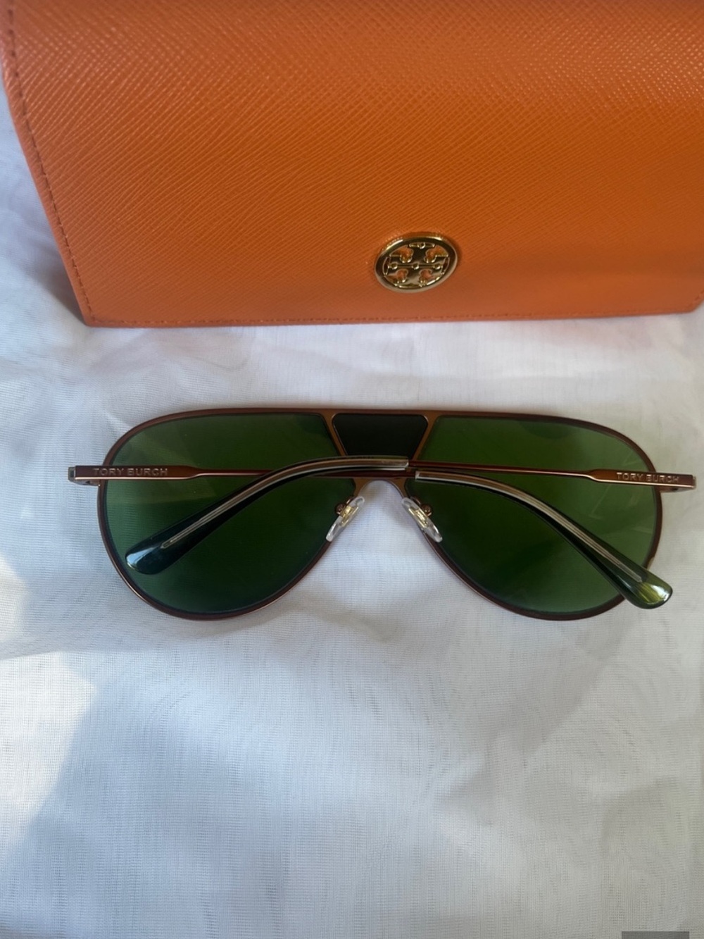 Tory Burch Aviator Sunglasses with Green Lenses and Orange Case